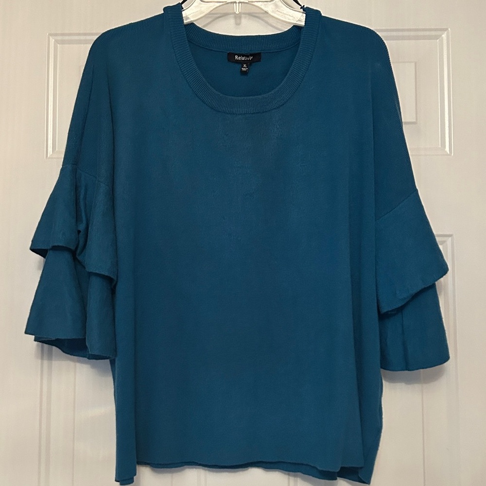 Relativity Sweater Ruffle Sleeves XL Teal Solid Feminine Casual Career Knit Crew